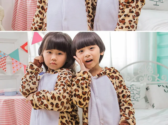 Comprar Mono de leopardo Kigurumi para niños, ropa de dormir de animales,  conjunto de pijamas de franela, traje cálido con capucha, fiesta  encantadora para niños y niñas