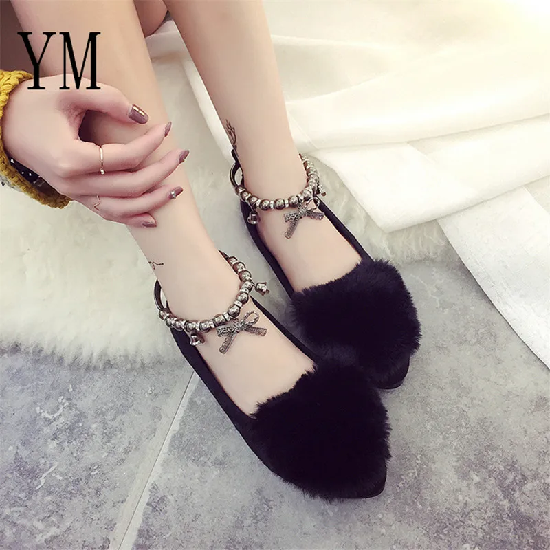 

real Rabbit's hair bling Fashion Sping/Winter Women Flats sneakers shoes Ballet flats Girls Party Flat heel shoes With Knot 40