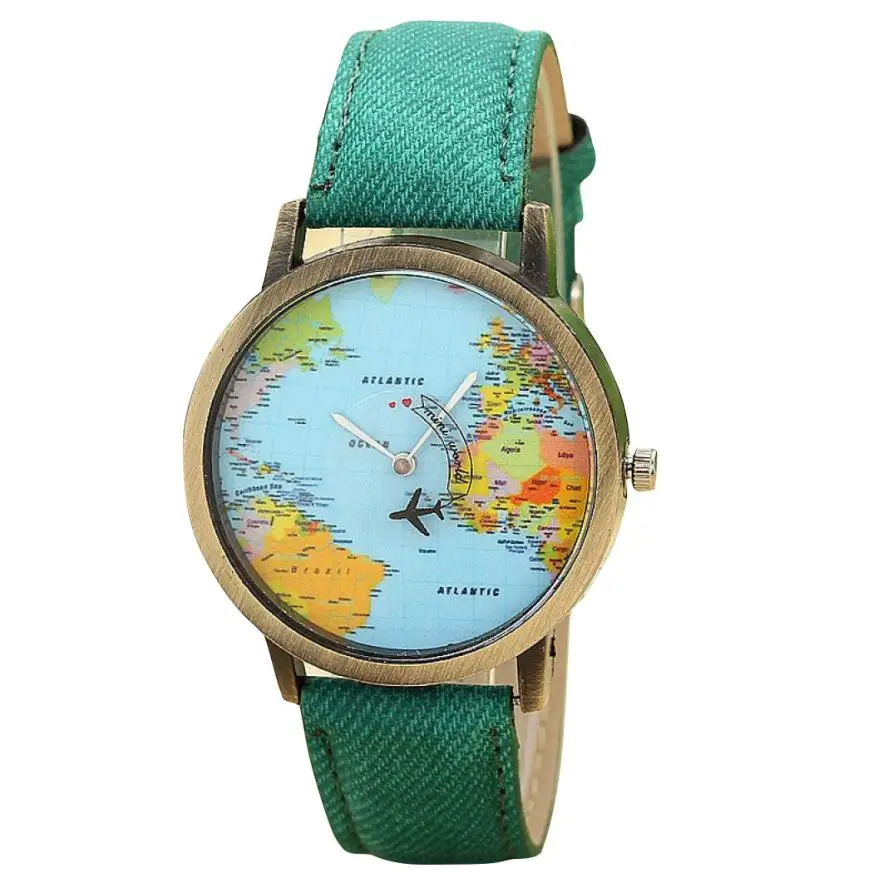 В настоящий момент# N03 Мода Глобальный путешествия на самолете карта Для женщин часы нарядные часы ремешок из джинсовой ткани часы для мужчин relogio feminino