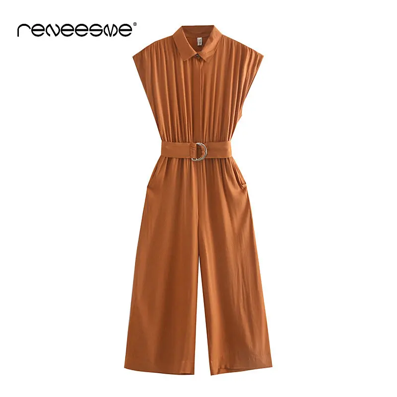 

spring summer women jumpsuits 2019 new solid sleeveless turn down collar regular ladies jumpsuits sashes long pants trousers