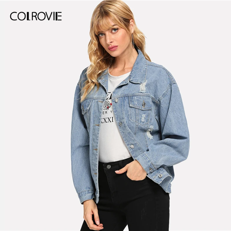Женская джинсовая куртка COLROVIE синяя рваная однобортная с открытыми плечами