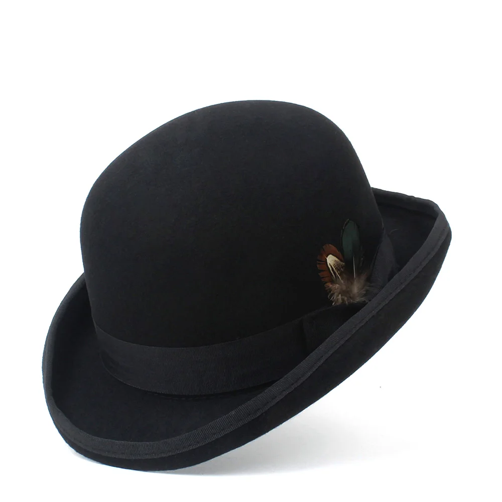 

4Size 100% Wool Women's Men's Black Bowler Hat Gentleman Crushable Fedora Hat Dad Billycock Groom Hats Steampunk Size S M X XXL