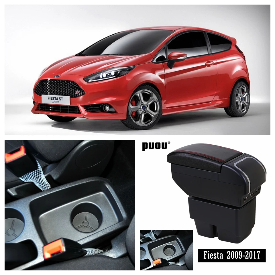 

Gran espacio de almacenamiento + doble capa + caja de apoyabrazos de interfaz USB para Ford Fiesta 2009-2017 Centro caja de almacenamiento de consola con taza ho