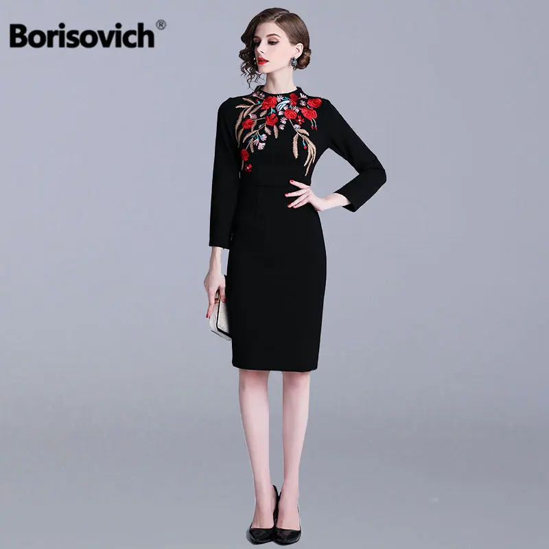 

Borisovich Luxury Embroidery Office Lady Elegant Pencil Dress New Brand 2019 Spring Fashion Vintage Women Casual Dresses N673