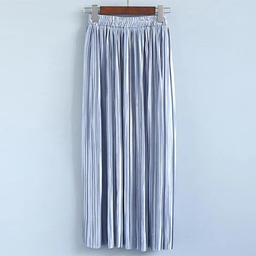 Surmiitro, металлическая блестящая плиссированная длинная юбка для женщин, весна-лето, Корейская элегантная юбка с высокой талией, женская школьная юбка А-силуэта - Цвет: light blue