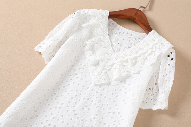 TWOTWINSTYLE Summer A Line Dress For Women V Neck Short Sleeve Ruffles Hollow Out Dresses Midi Female Fashion New