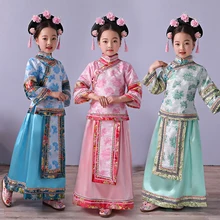 Милое платье в народном стиле династии Цин для девочек; Детский костюм; Традиционный китайский костюм для детей в древнем стиле; Одежда для танцев; Косплей