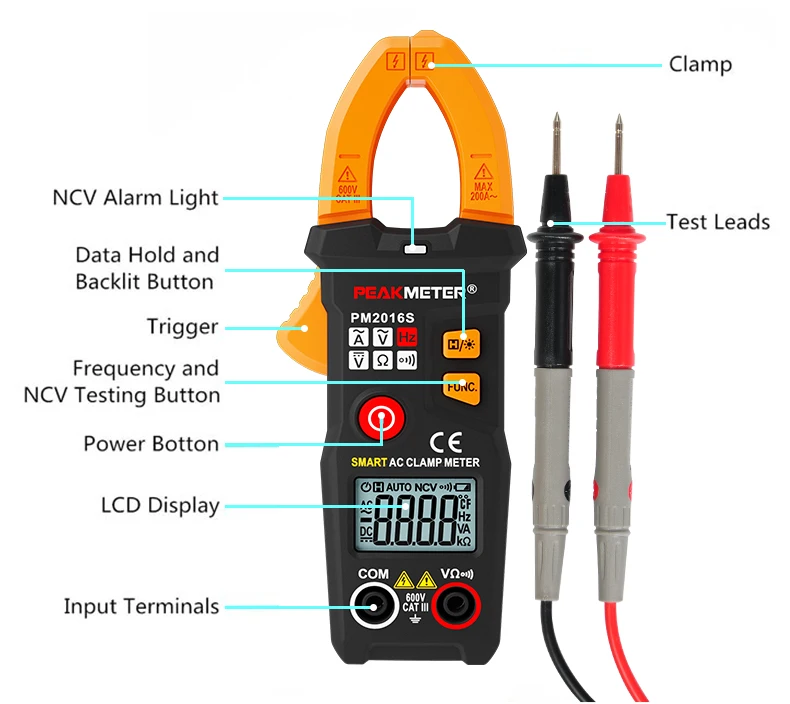 Официальный PEAKMETER PM2016S умный мини цифровой AC клещи мультиметр с сопротивлением частоты данных удержания NCV тестер