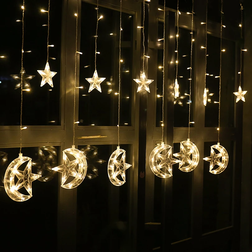220V Star Moon LED Curtain String Lights Christmas lights indoor for Bedroom lamp Holiday party Romantic Fairy Lights Decoration 220V Star Moon LED Curtain String Lights Christmas lights indoor for Bedroom lamp Holiday party Romantic Fairy Lights Decoration