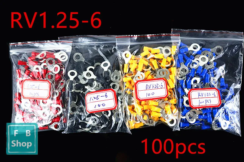 

100PCS/Pack RV1.25-6 Red yellow black blue 22-16 AWG 0.5-1.5mm2 Insulated Ring Terminal Cable