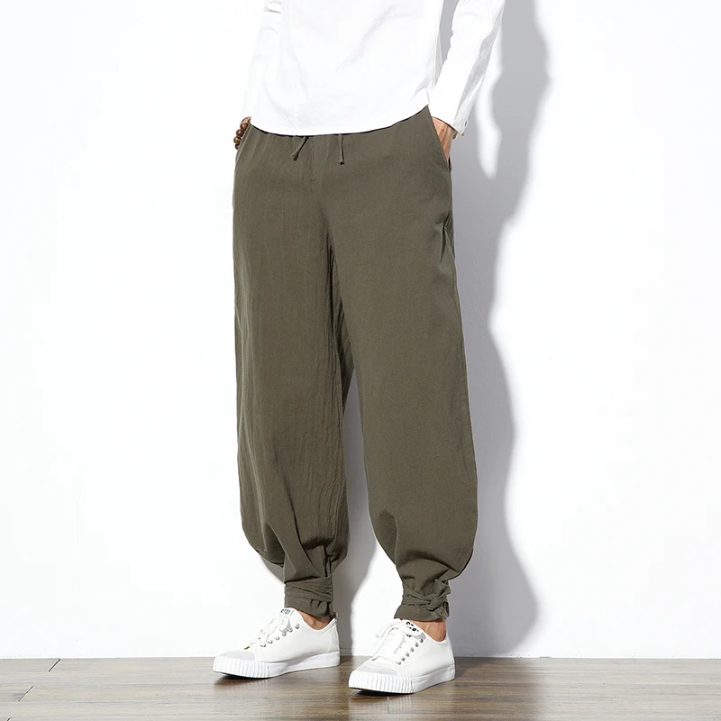 

Sinicism Store 5XL Cotton Linen Harem Pants Men Jogger Pants Male Trousers Chinese Traditional Cloths Belts Plus Size