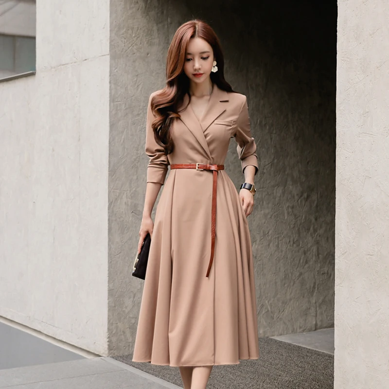 

Office Ladies Dress Women Dress Casual Pleated Dresses Long Sleeves Slim A-line Dresses Women Party Evening nightclub Clothing