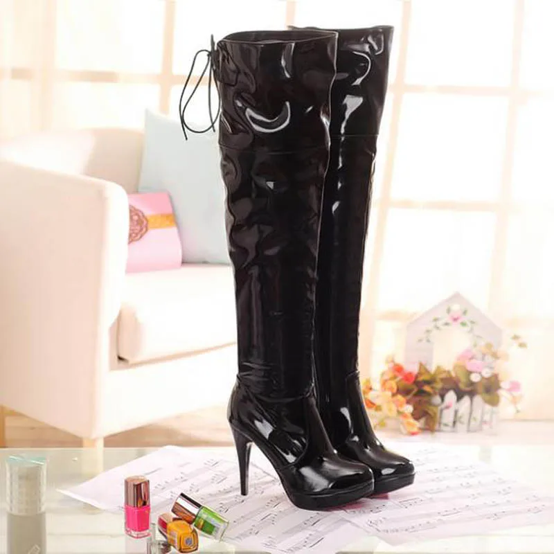 Fashion Japanned Leather Side Zip Back Lace Up Platform High Heels Over The Knee Boots 43