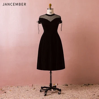 

JANCEMBER Plus Size Cocktail Dresses Bow Cap Sleeve Illusion High Neck Zipper Crystal A-Line 2019 Latest cocktail dress party