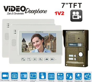 

ZHUDELE 7" Video Door Phone Doorbell Intercom Kit IR Night HD Camera with SD card Picture Record ID Card Unlock for 2-apartments