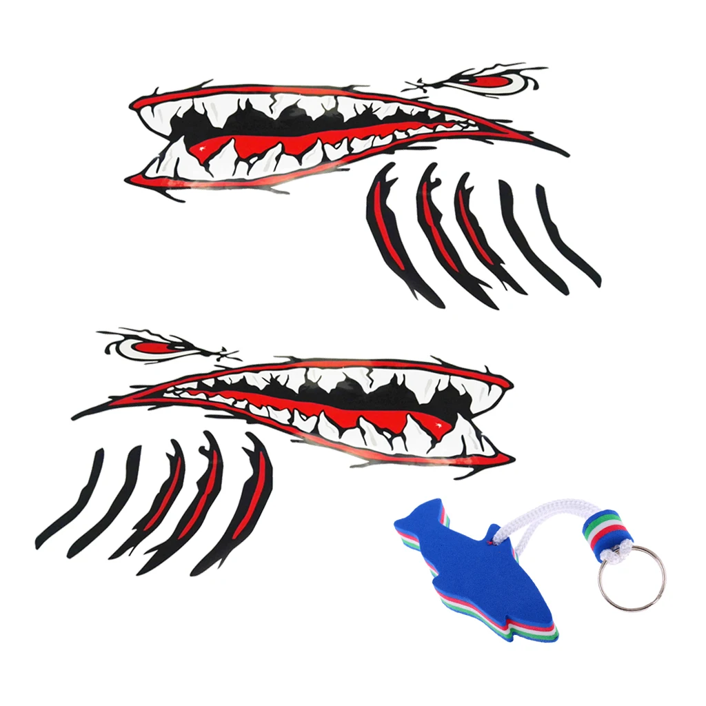 Durable 2 Pieces EVA Shark Teeth Mouth Stickers Decal with Floating Keyring for Boating Dinghy
