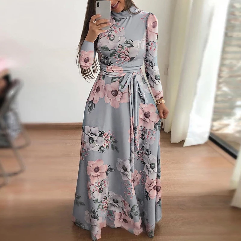 

Women Floral Print Casual Loose Maxi Dress Lady Long Sleeve O-Neck Tie Waist Long Robe Femme Vestidos 2018 Autumn Winter Dresses