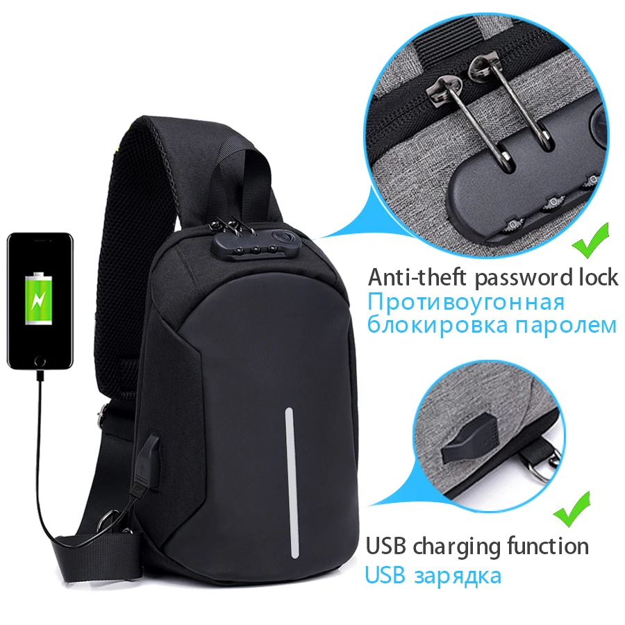 Многофункциональные сумки через плечо для мужчин зарядка Usb нагрудный пакет