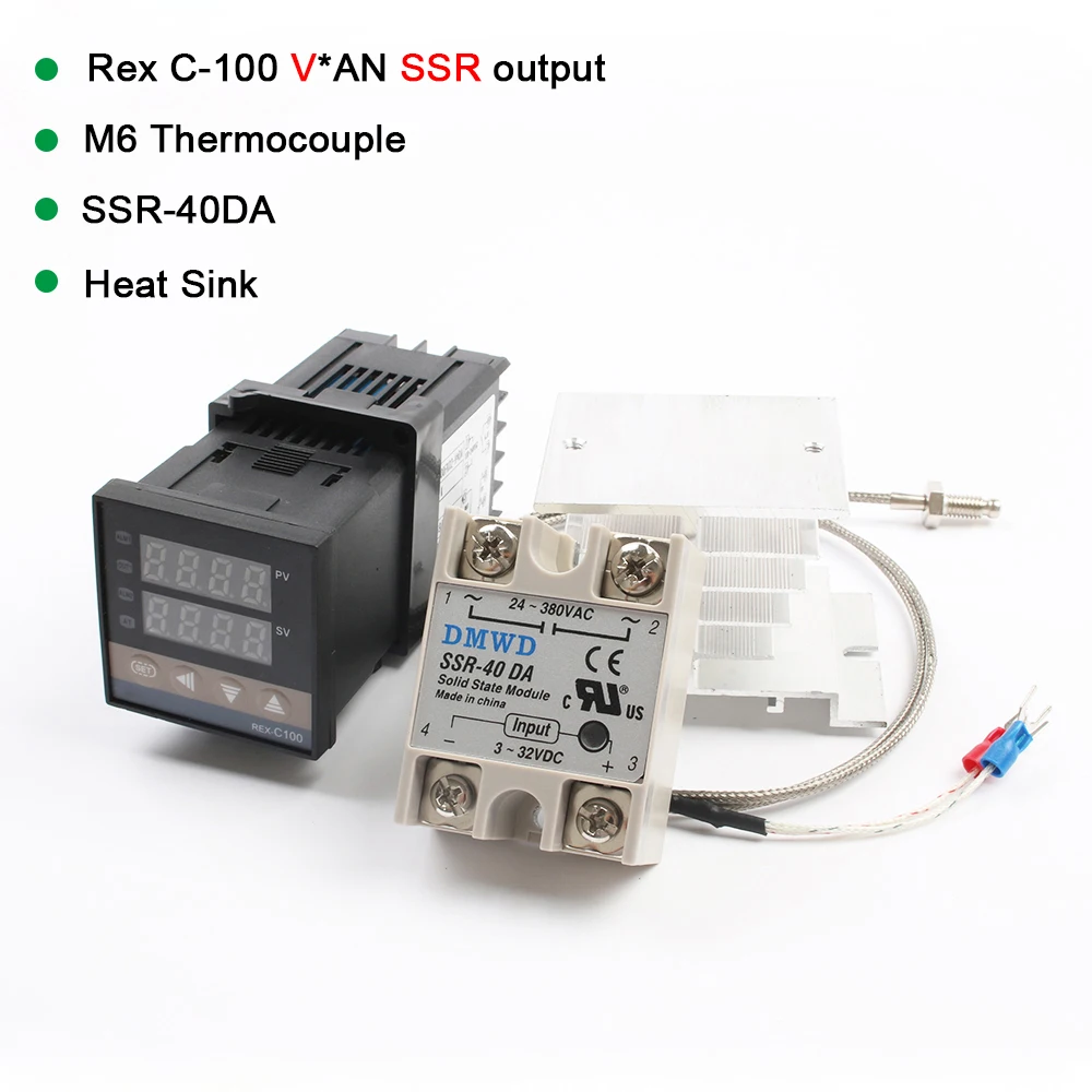 REX-C100 цифровой PID Температура контроллер термостат выход SSR Max40A SSR реле зонд термопары K RexC-100 110V~ 240V - Цвет: Set 3