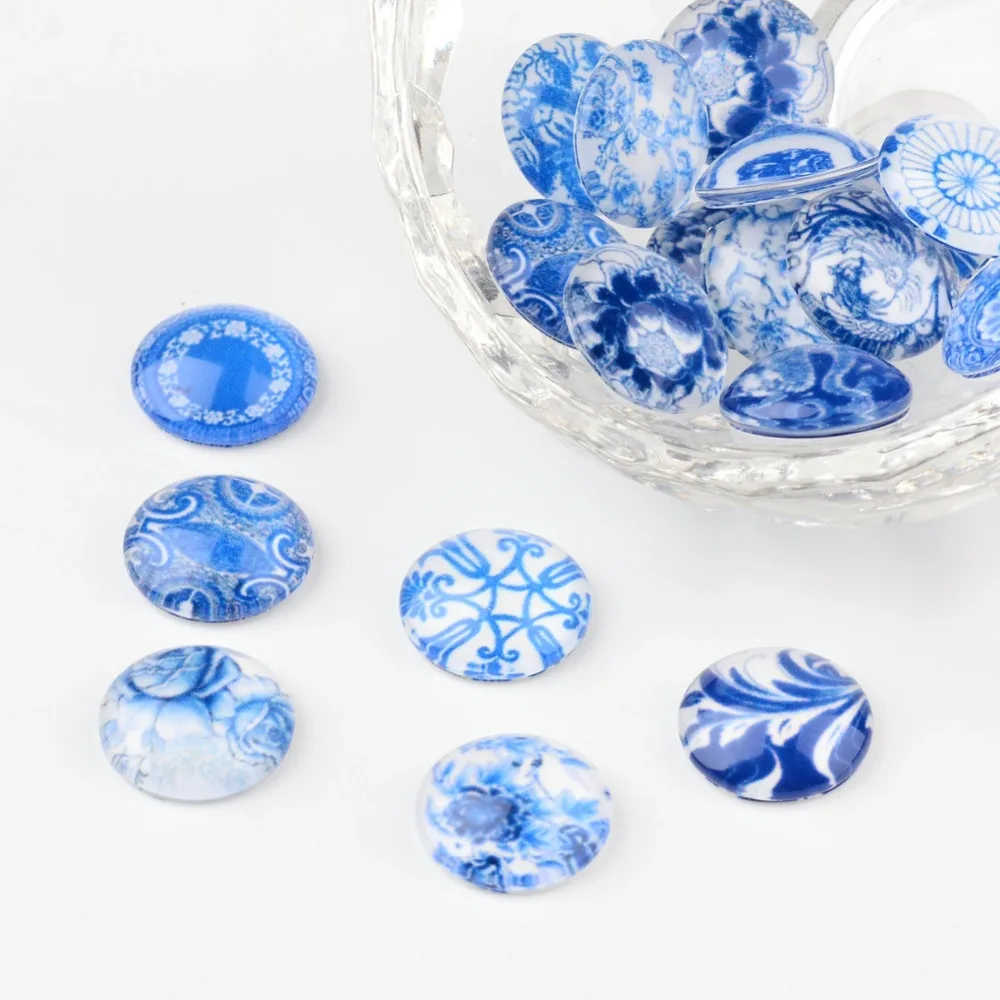 

20pcs Half Round/Dome Blue and White Floral Printed Glass Flatback Cabochons DIY for Jewelry Making 12x4mm