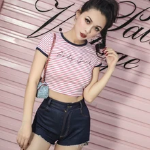 Летняя винтажная полосатая короткая футболка Женская эластичная хлопковая тонкая футболка темно-синего стиля Трикотажная хлопковая дышащая ткань