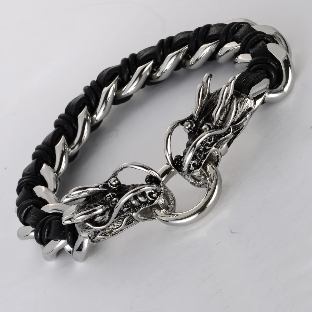 

Men stainless steel leather dragon bracelet 316L biker heavy jewelry gifts silver tone KL09 wholesale dropship 8.5