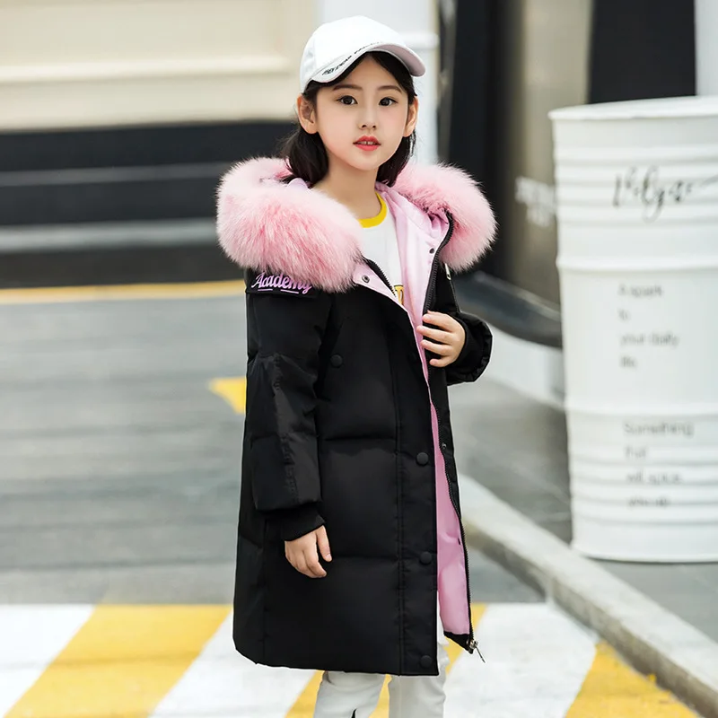 30 degrees Girls clothing duck Down jacket for girl clothes Winter Thicken warm Parka Fur Hooded Children Outerwear Coats - Цвет: Черный