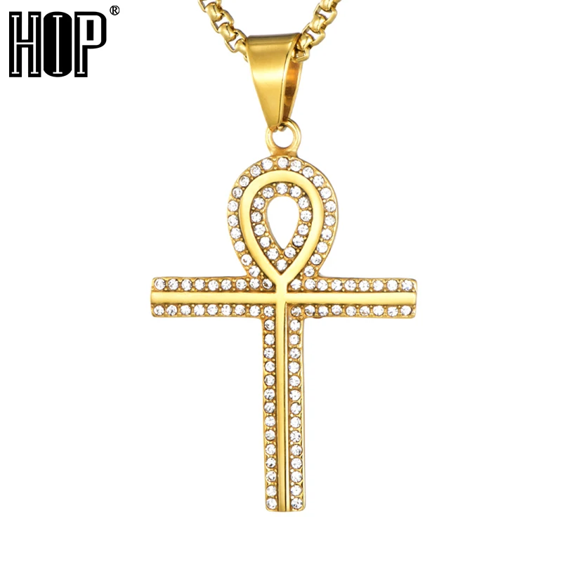 

HIP Hop Egyptian Bling Cross Rhinestone Ankh Cross Necklace Men Key of Life Pendants&Necklaces Link Chain for Men Jewelry Gift