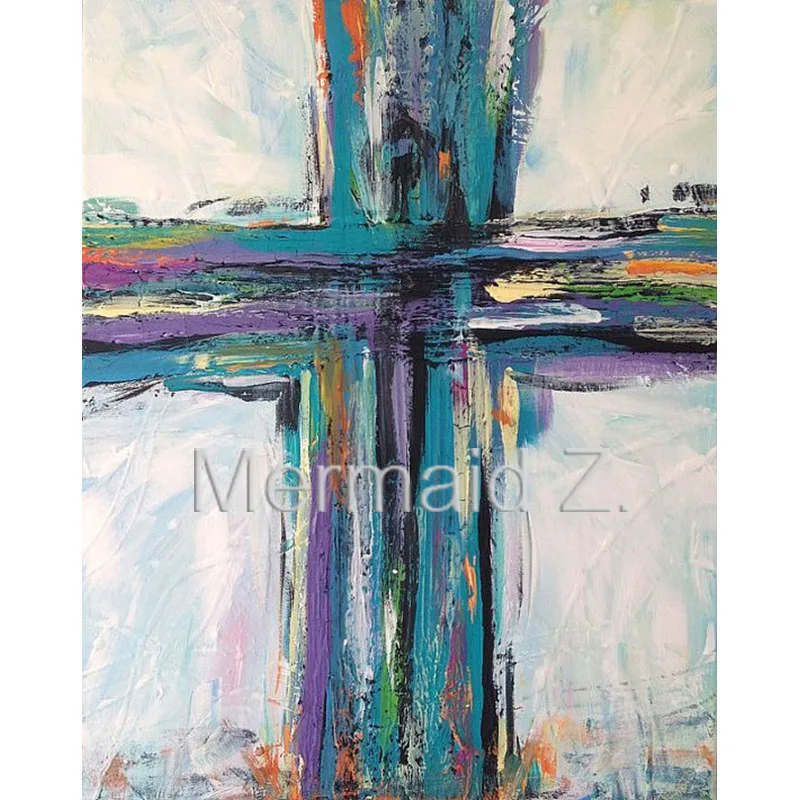 

hand-painted abstract oil painting Contemporary Cross Painting Christian Art Teal Black Purple Canvas fresh take on Christian