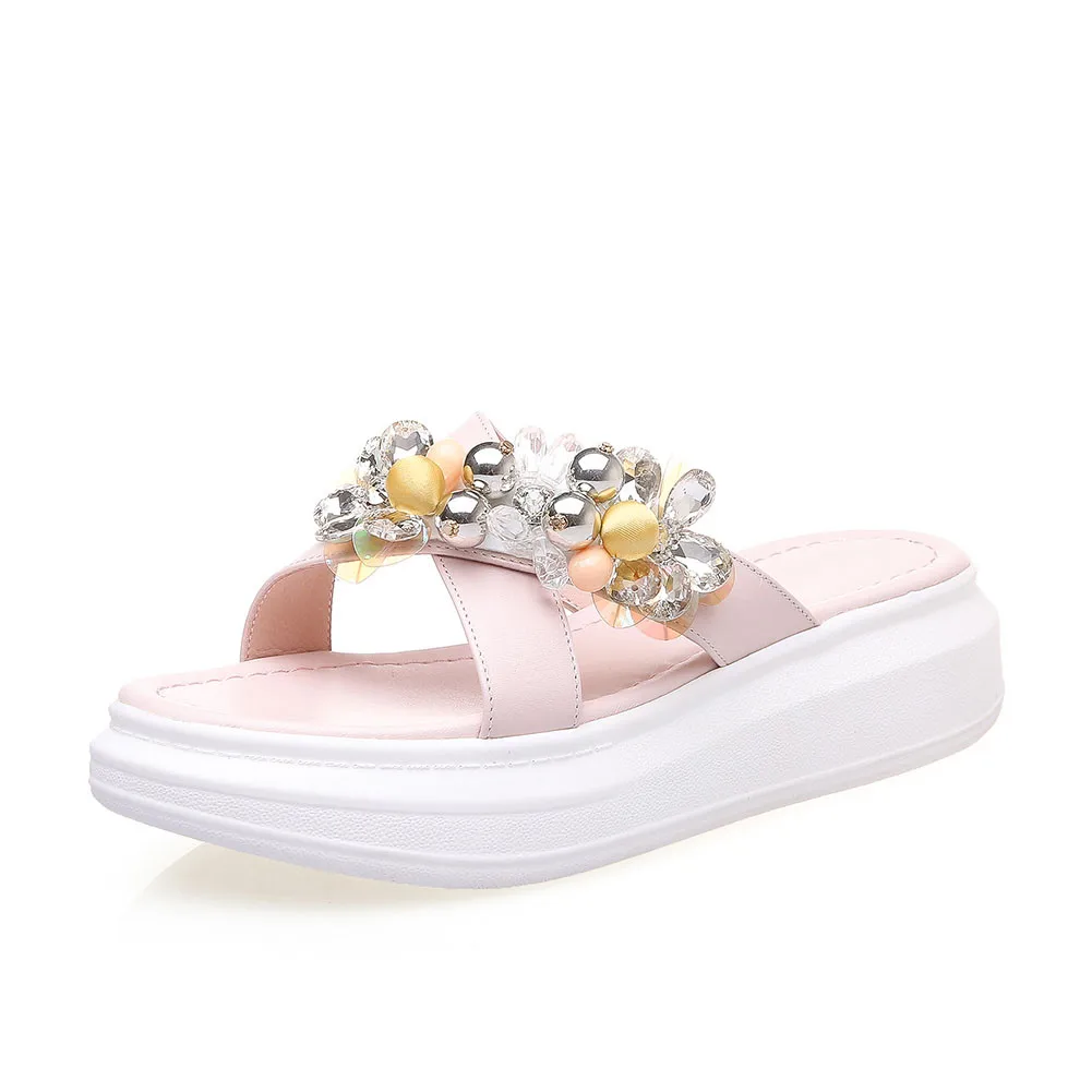 

RIBETRINI New Big Size 34-40 INS Hot women's Genuine Leather Crystal Shoes Woman Casual Outside Summer Slippers 2019
