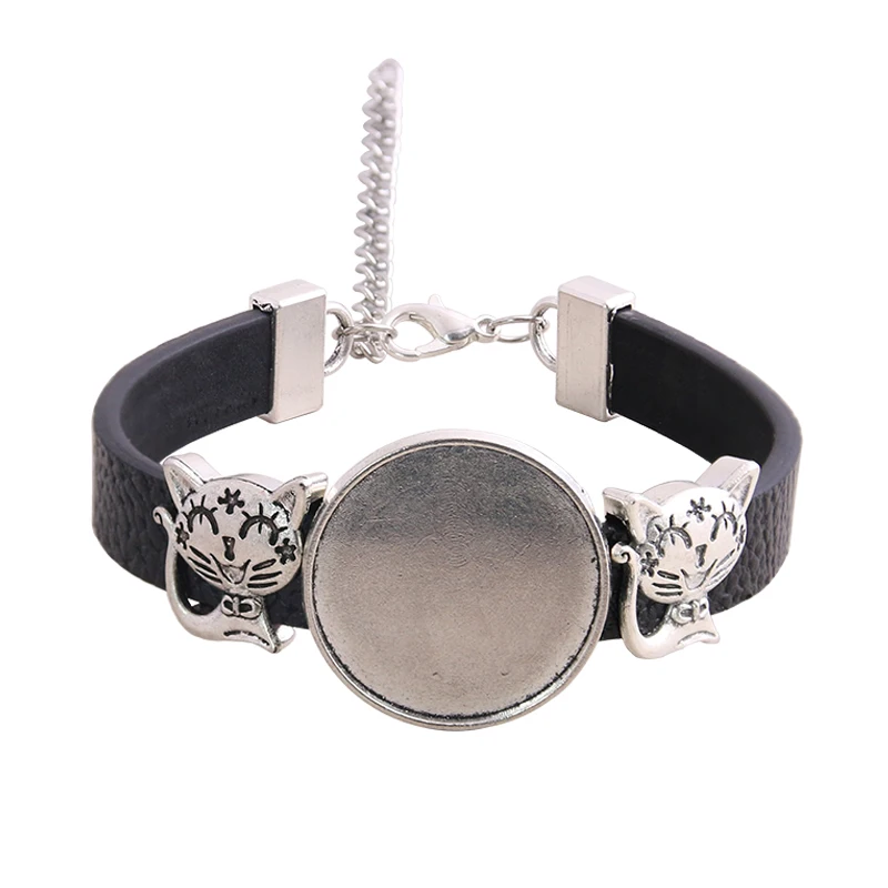 

1pcs 6 Color PU Bracelet Silver Animal Cat Base Setting Cuff Blank Trays Brazel Fit 25mm Glass Cameo Dome Cabochon DIY Jewelry