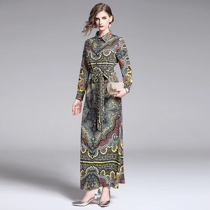 

2019 Autumn Runway Designer Party Long Shirt Dress Women Long Sleeve Print Vintage High Quality Maxi Dresses Robe Femme