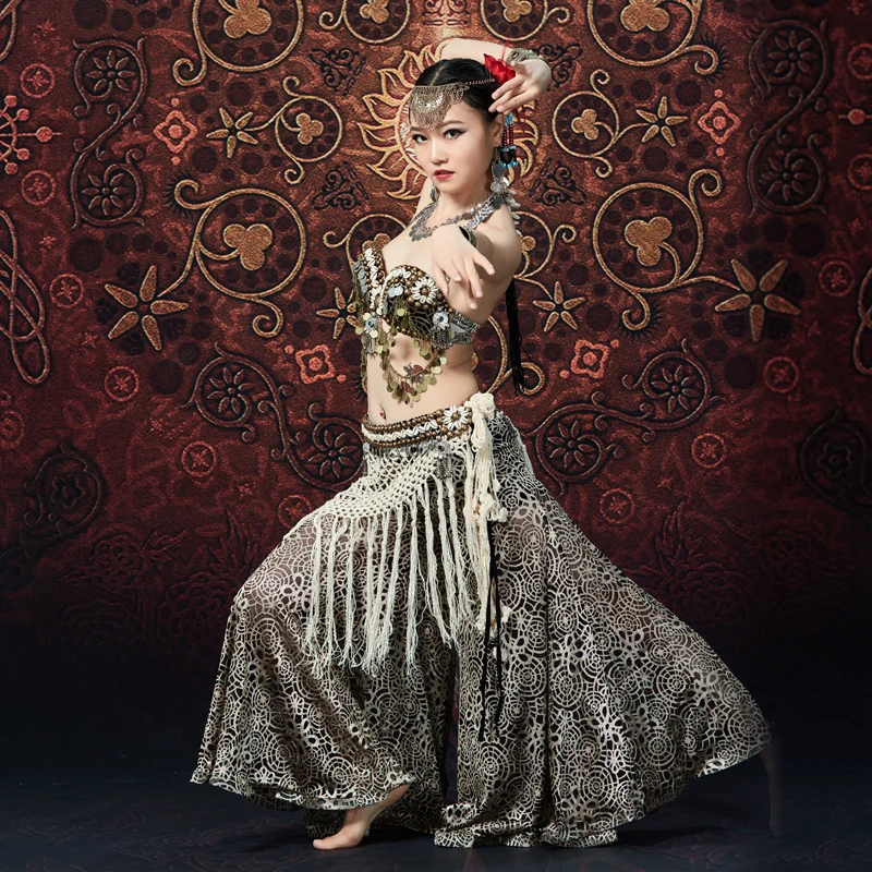 

Sexy Embroid Costumes Women Tribal Dance Costume Tribal Belly Dance Clothes Outfit Hanging coin bra fringed 3 pcs Bra Belt Pants