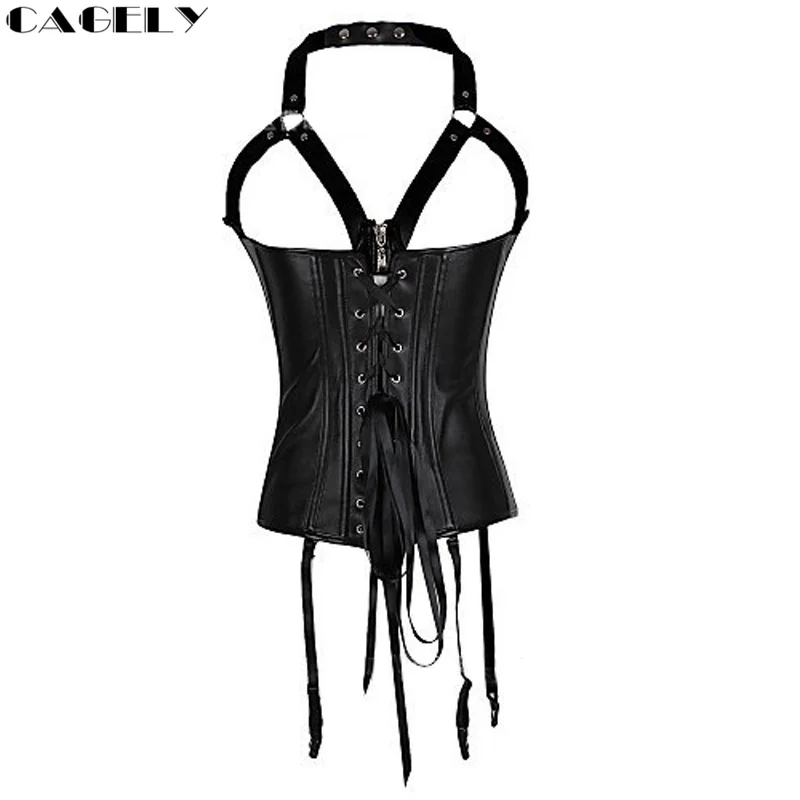 Sexy Lingerie Black Faux Leather Boned Zip&Buckles Corset Top Halter Underbust Lacing-up Bustier with Suspenders Belt G-string Sexy Lingerie Black Faux Leather Boned Zip&Buckles Corset Top Halter Underbust Lacing-up Bustier with Suspenders Belt G-string