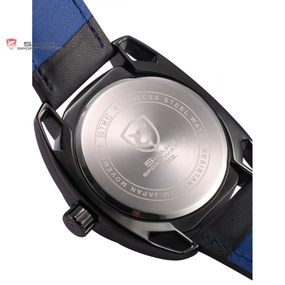 Thresher Shark Sport Watch Montre Homme Black Hollow Lug Blue Case Leather Band Strap Waterproof Quartz Mens Wristwatch / SH474