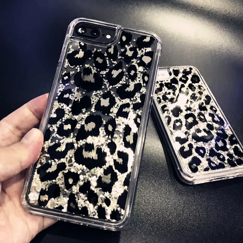 

Fashion Glitter Lovely Leopard Pattern Phone Case for iPhone X XS 7 8 6 6S Plus 10 Sparkling Liquid Quicksand Hard PC Back Cover