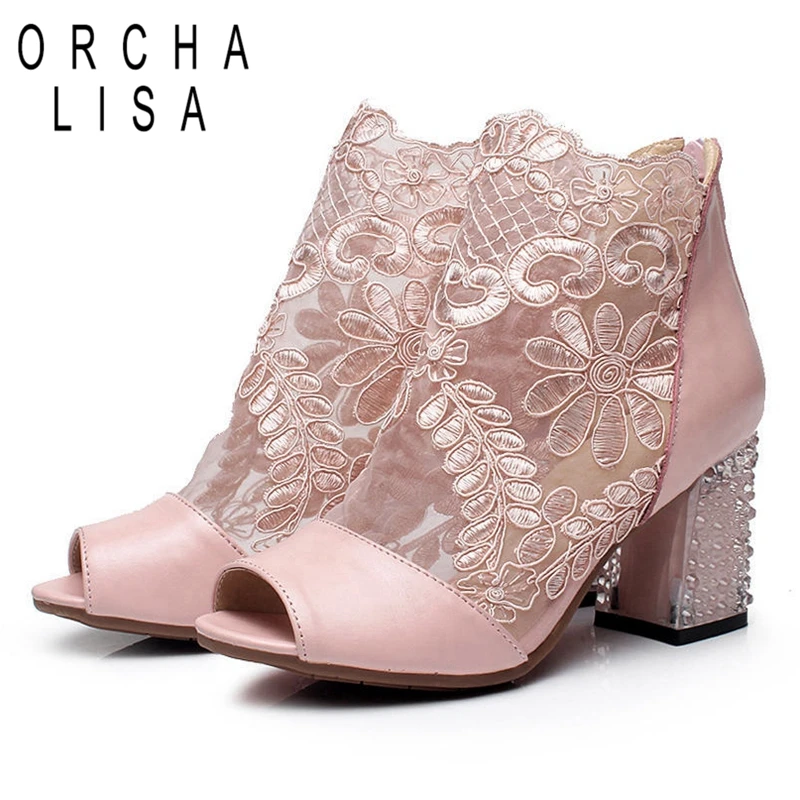 

ORCHA LISA Summer boots Ankle boots Peep toe Zipper Mesh Flower Square heel Sweet Black White Pink Gold Big size 32-42 C1285