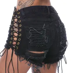 Feminino на шнуровке в стиле панк Рок Жан Шорты пикантные черные сапоги отверстия кисточкой рваные повседневные джинсовые комплект эластичной