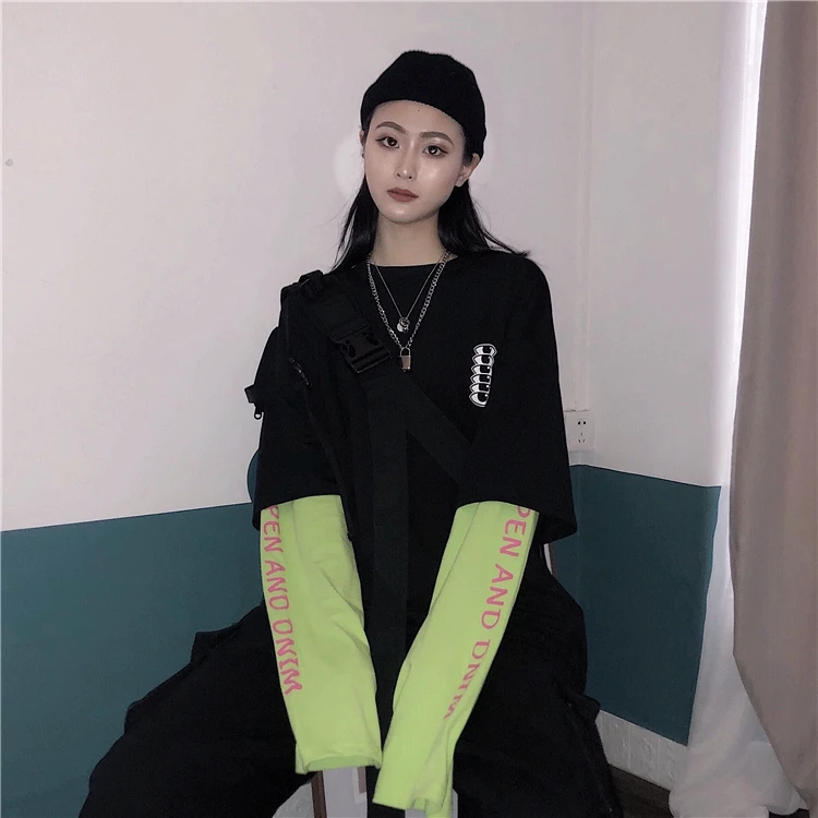 

Focal20 Streetwear Patchwork Fake 2 Piece Women T Shirt Loose Crew Neck Autumn Women T-shirt Eye Letter Print Lady T-shirts
