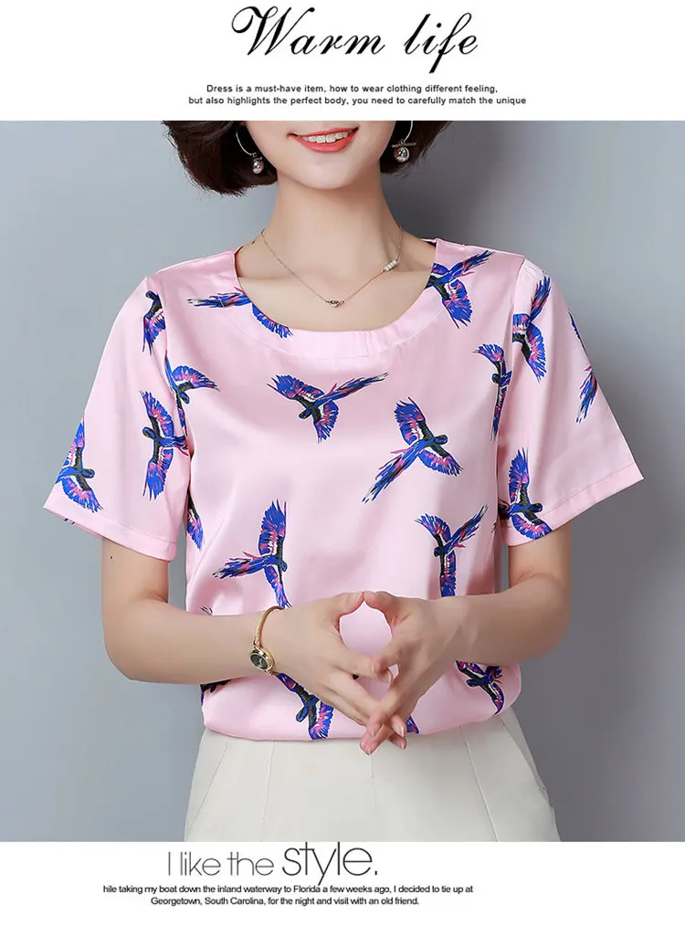 New Summer Tops Ladies 2018 Fashion Birds Print Blouses Women Short Sleeve Chiffon Blouse Shirt Casual Large Size Blusa Mujer Ete (10)