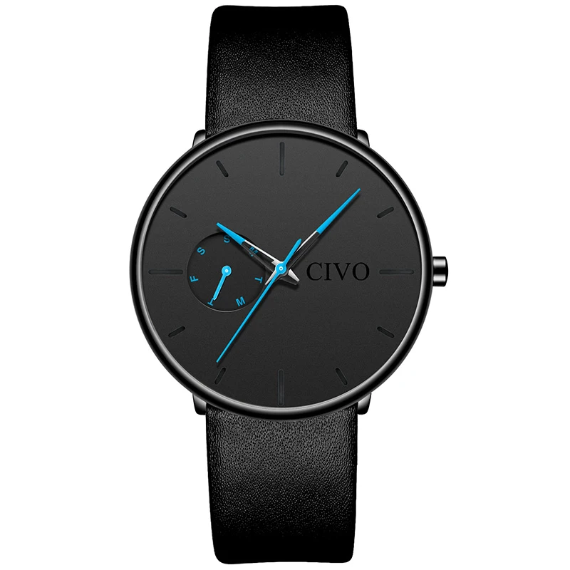CIVO модные мужские часы кварцевые часы мужские водонепроницаемые минималистичные ультра тонкие наручные часы из нержавеющей стали с сеткой для мужчин подарок часы - Цвет: leather black