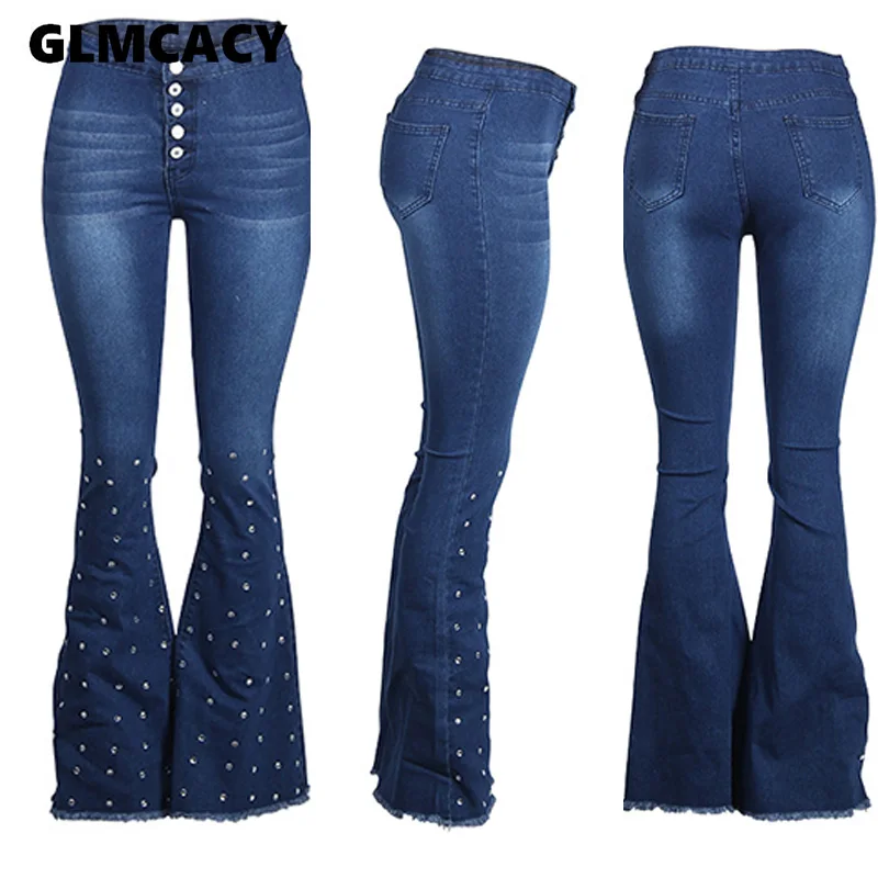 Женское Винтажное с отделкой бусинами джинсовые штаны брюки клеш Мода колокольчики шикарная уличная одежда