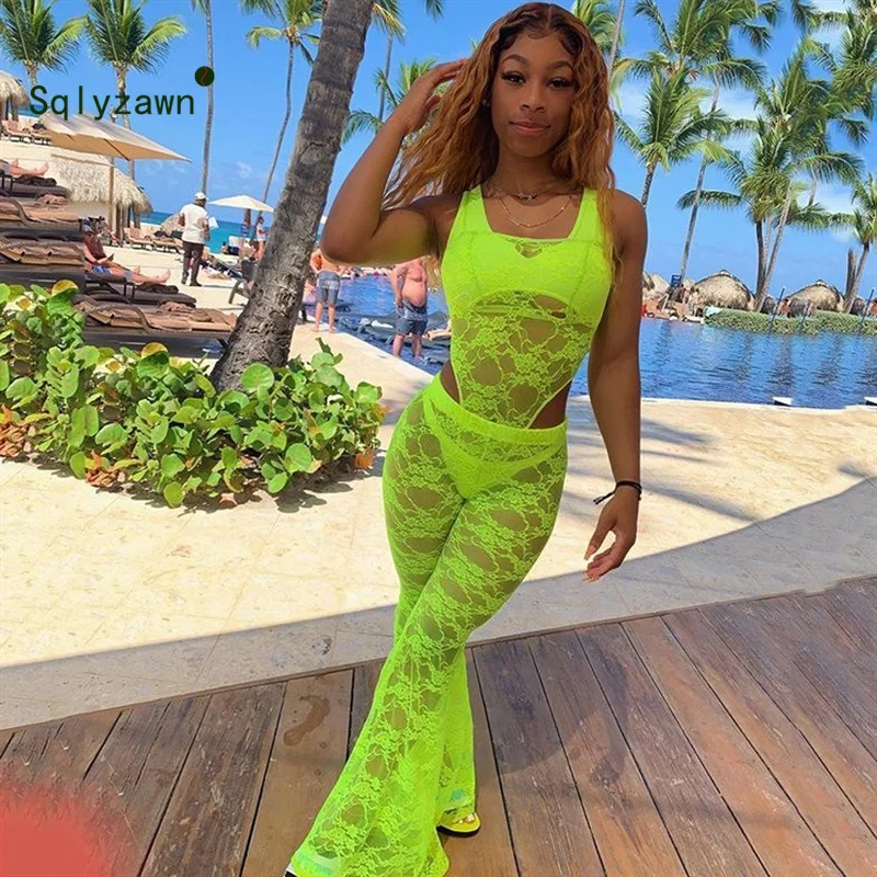 

Summer Holiday Solid Neon Green Lace Two Piece Set Hollow Out Off Shoulder Crop Top and Pant Sexy 2 Piece Set Women Outfit Set