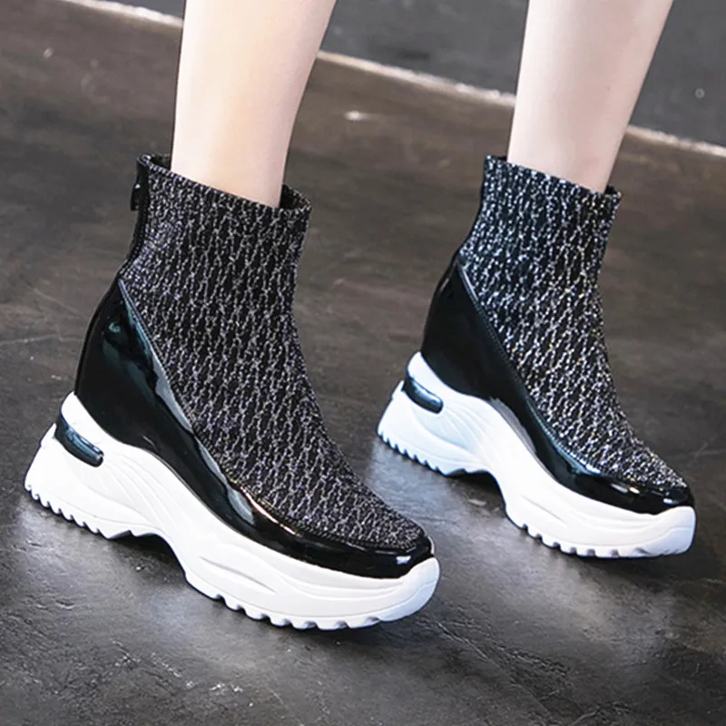 

Women's Shoes Fall Mesh High-top Height Increasing Black Silver Women Boots Autumn Winter Thick-soled Leather Ankle Boots Girls