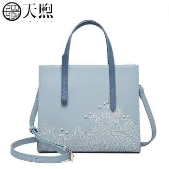 

PMSIX 2020 New women Leather bags designer famous brand Light blue embroidery fashion handbag tote shoulder bags