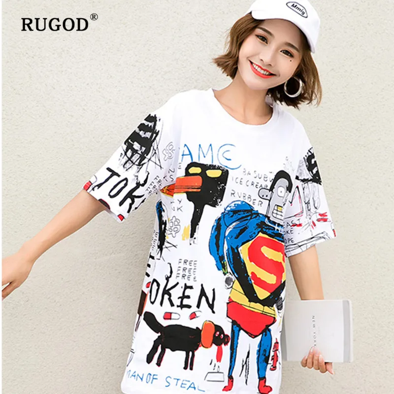 RUGOD, Новая Модная хлопковая Футболка с принтом, Корейская версия, свободная, размера плюс, женская, с круглым вырезом, camisetas verano mujer
