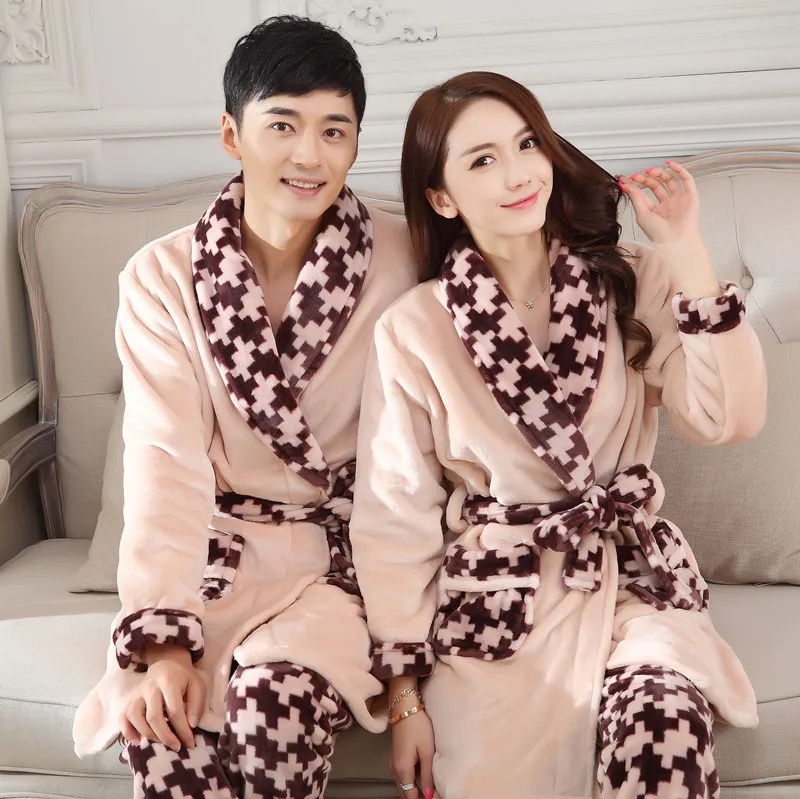 Autumn Winter Coral Fleece Couple Pajamas Women's Men's Warm Bathrobe Thick Flannel Bain Robe Female Home Wear Peignoir Femme |