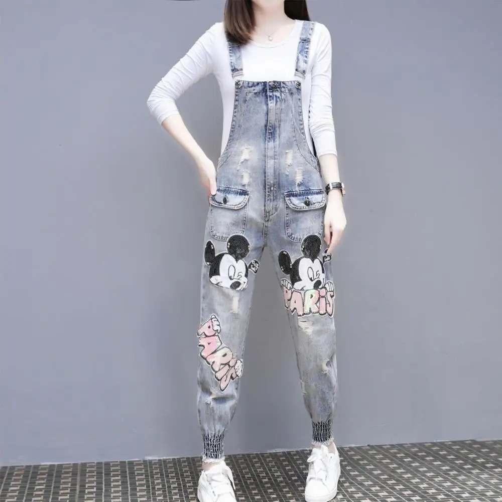 

2019 New Spring Autumn Fashion Women Denim Overalls Sequined Hole Loose Pencil Jeans All-match Female Denim Trousers