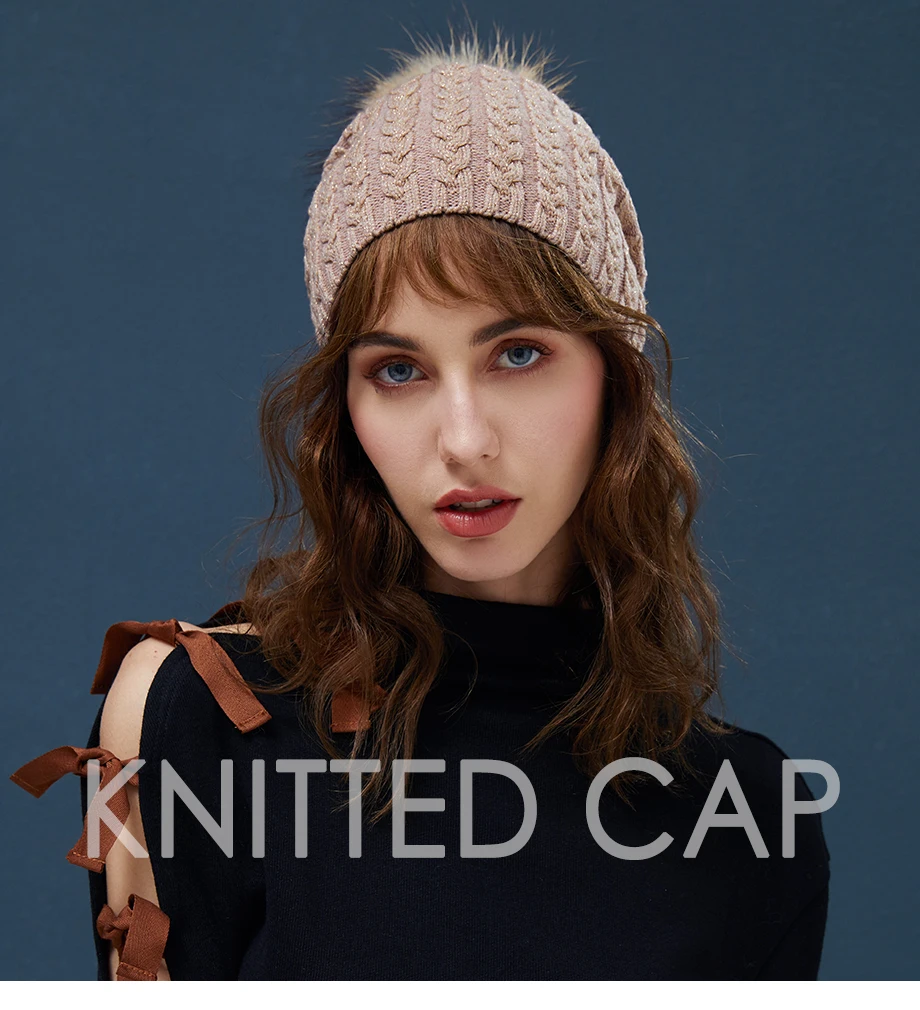 Winter Hats For Women Warm Beanie Real Fur Pompom Wool Hat Female Twist-Type Cap Bright Silk Beanies Women's Hat 5 Colors (1)