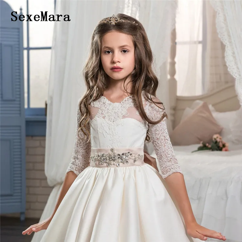 Новое Кружевное атласное платье цвета слоновой кости с цветочным узором для девочек на свадьбу, платье с длинным рукавом и поясом из бисера
